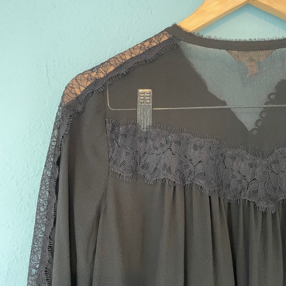 rebecca taylor lace sheer silk lace long sleeve top black button up raw hem 0 - Picture 7 of 8